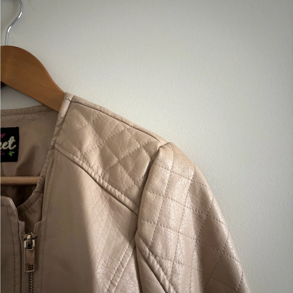 Y2K B Sweet Faux Leather Jacket Moto Beige Quilted Full Zip Womens L Rock N Roll - Picture 3 of 12
